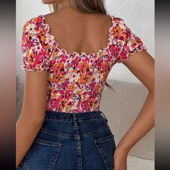 Boho floral print knot front bodysuit top - Picture 3 of 5